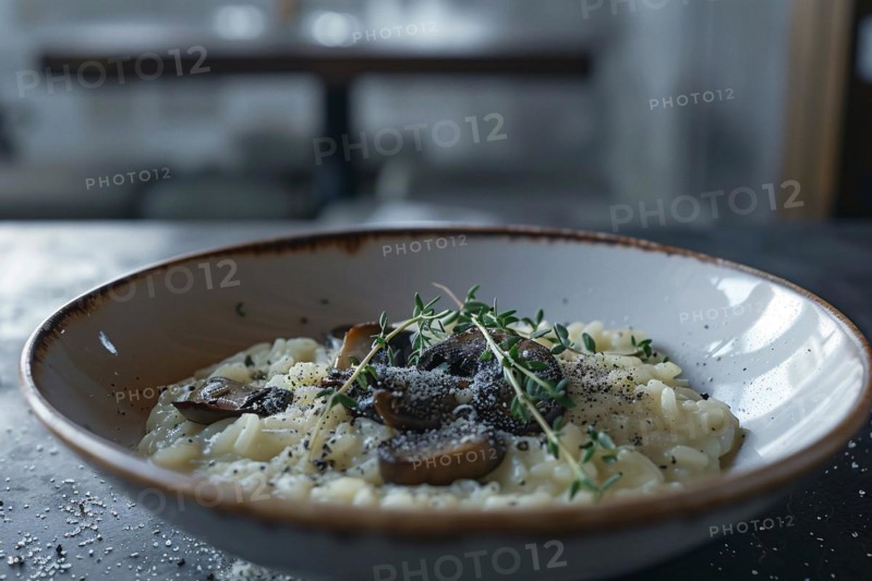 Gourmet risotto with truffles and parmesan in a ceramic bowl, served in an elegant dark setting, AI generated