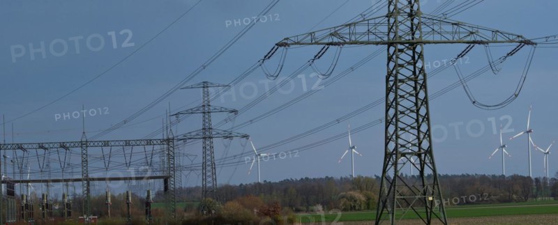 Stendal West substation with wind turbines in the background near Luederitz, Stendal, Saxony-Anhalt, Germany, Europe