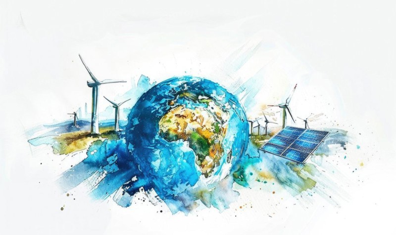 Watercolor illustration of Earth with wind turbines and solar panels, eco energy background AI generated
