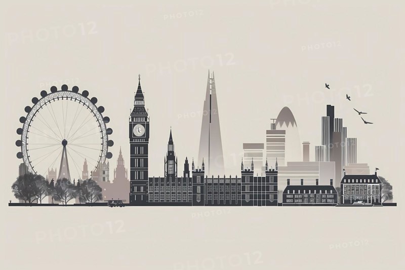 Silhouette illustration of iconic London landmarks in a minimalist cityscape, illustration, AI generated