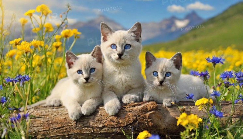 KI generated, animal, animals, mammal, mammals, cat, felidae (Felis catus), three cats resting on a tree, flower meadow