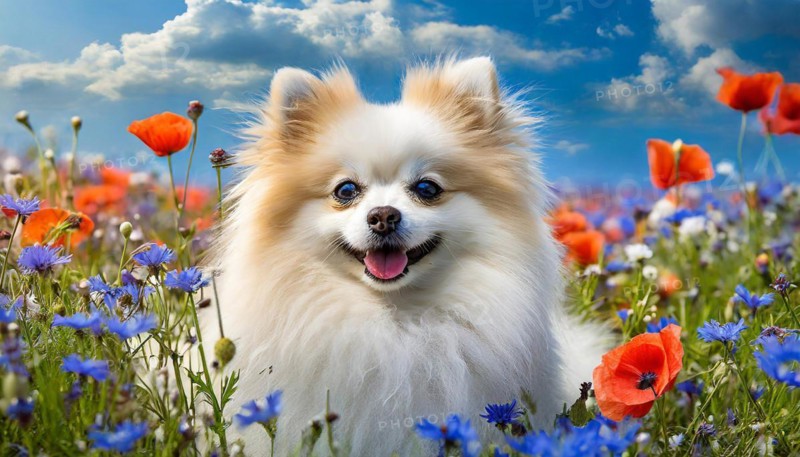 KI generated, animal, animals, mammal, mammals, one, single animal, dwarf spitz, Spitz, (Canis lupus familiaris), dog, dogs, bitch, Pomeranians, flower meadow with poppies and cornflowers