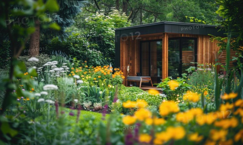 A minimalist modern wooden cabin surrounded by a variety of spring flowers and lush green foliage in a tranquil garden setting AI generated