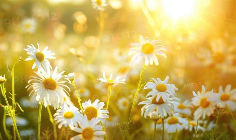 Chamomile field at golden hour, spring nature background AI generated