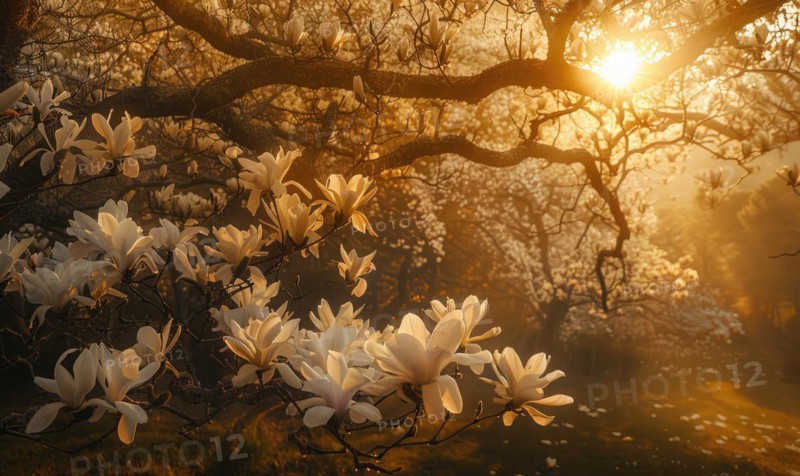 Magnolia tree in full bloom under the golden light of sunrise AI generated