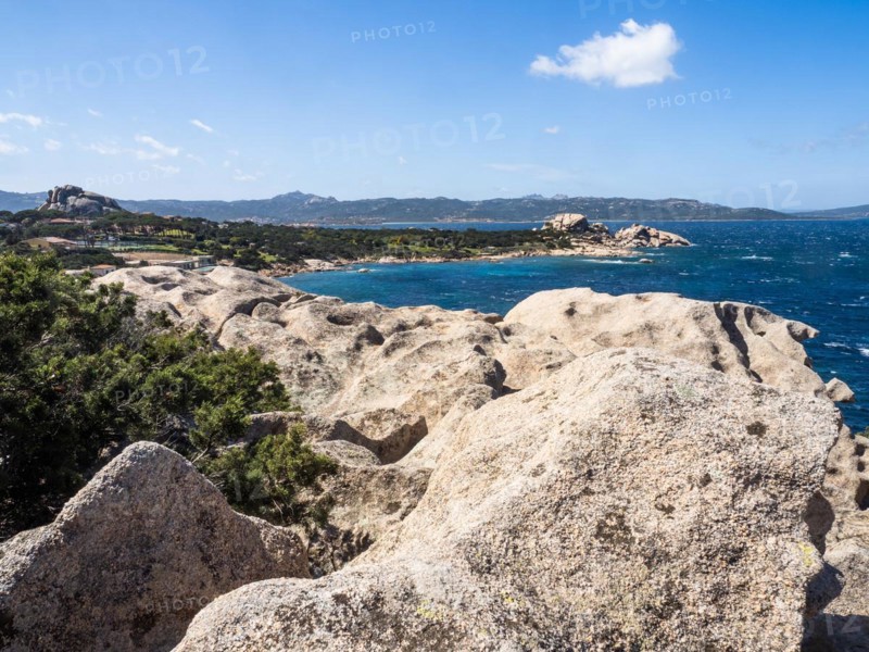 Typical granite rock formations in front of a bay, Baja Sardinia, Costa Smeralda, Sardinia, Italy, Europe