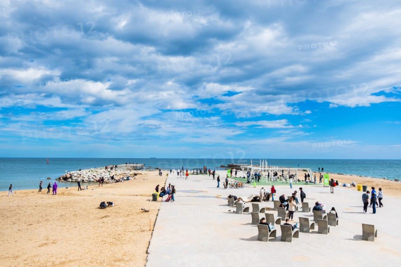 Benches and gym on the beach in Barcelona, Spain, Europe