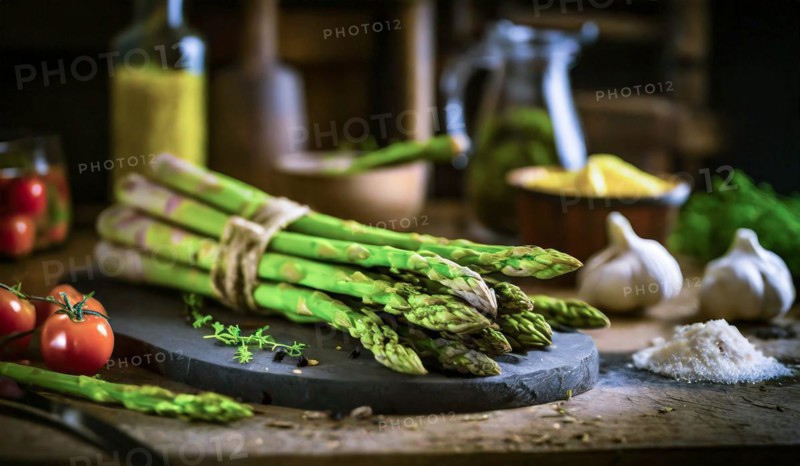 Green asparagus in a rustic farmhouse kitchen, AI generated, AI generated