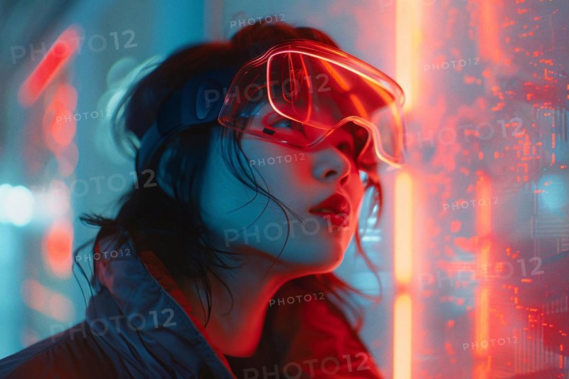Stylized portrait of a woman with cyberpunk aesthetics and neon light reflections, AI generated