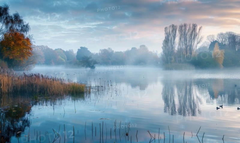 The lake shrouded in mist during a crisp autumn morning AI generated