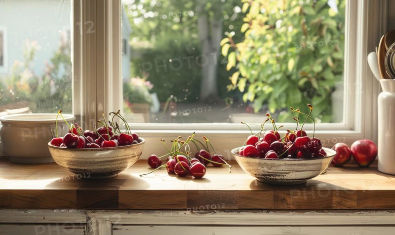 A cozy kitchen window sill adorned with bowls of ripe cherries AI generated