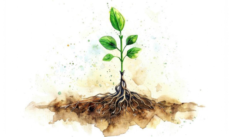 Watercolor illustration of a tree sprout with tiny roots on white background AI generated