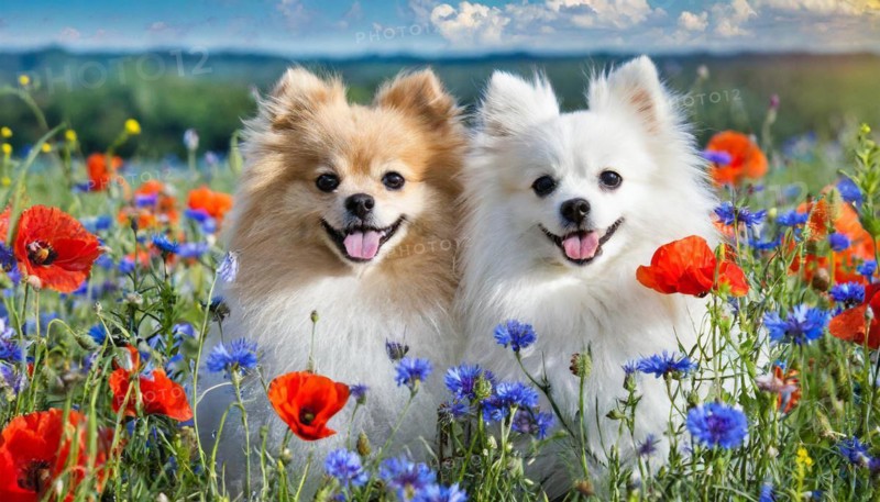 KI generated, animal, animals, mammal, mammals, dwarf spitz, Spitz, (Canis lupus familiaris), dog, dogs, bitch, Pomeranians, two animals lying in a meadow with poppies and cornflowers