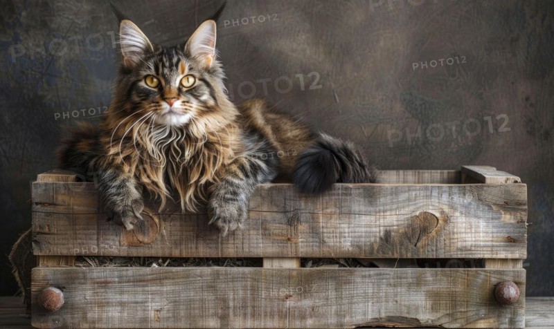 Maine Coon cat sitting proudly atop a rustic wooden crate AI generated
