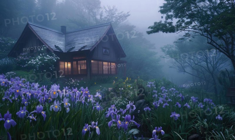 Morning mist enveloping a contemporary wooden cabin hidden deep within a spring garden filled with blooming irises and lilies AI generated