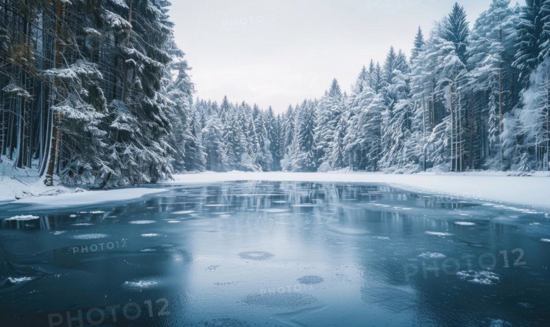 A winter landscape with a frozen lake and snow-covered pine forest AI generated