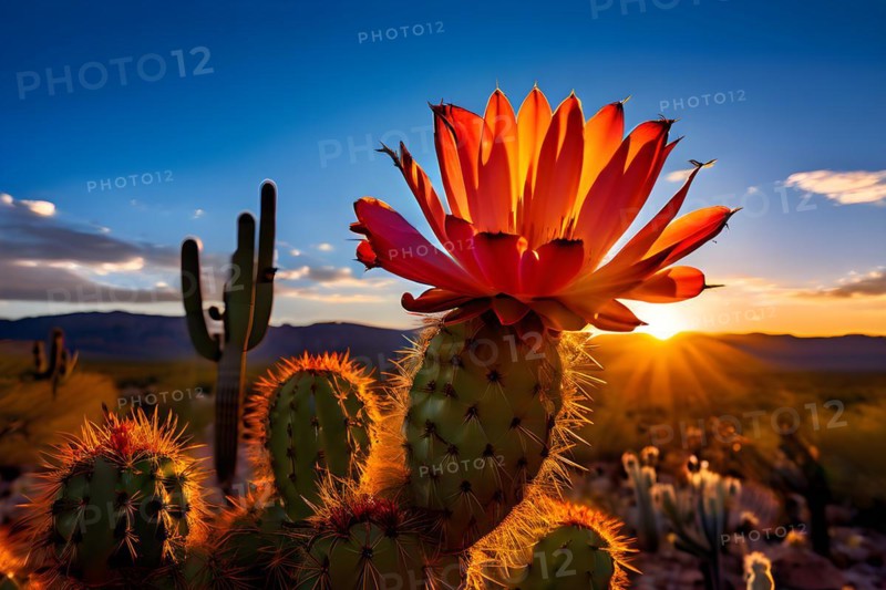 Saguaro cactus with vibrant flower in full bloom in early morning light, AI generated