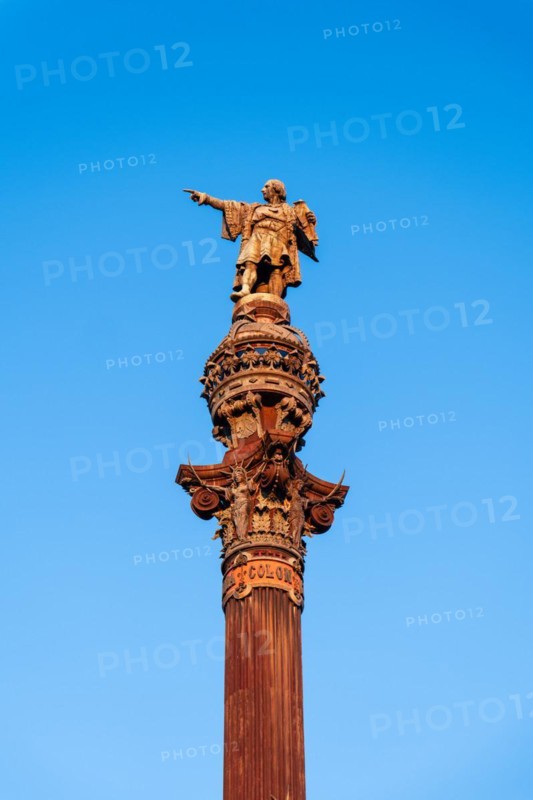 Columbus Column at the end of the Ramblas, Christopher Columbus points towards the New World, Barcelona, Spain, Europe