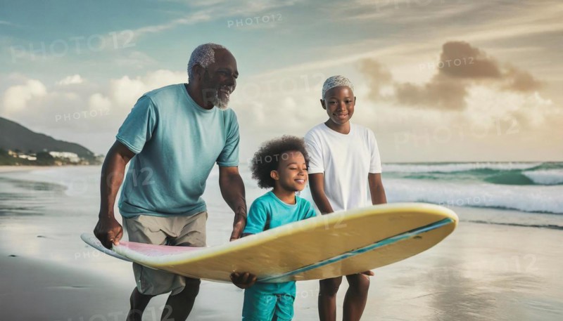 Family time at the beach with a senior man, daughter and a boy enjoying with a surfboard at twilight, AI generated