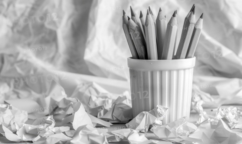 Graphite pencils arranged in a cup on a desk, surrounded by crumpled sheets of discarded white paper AI generated