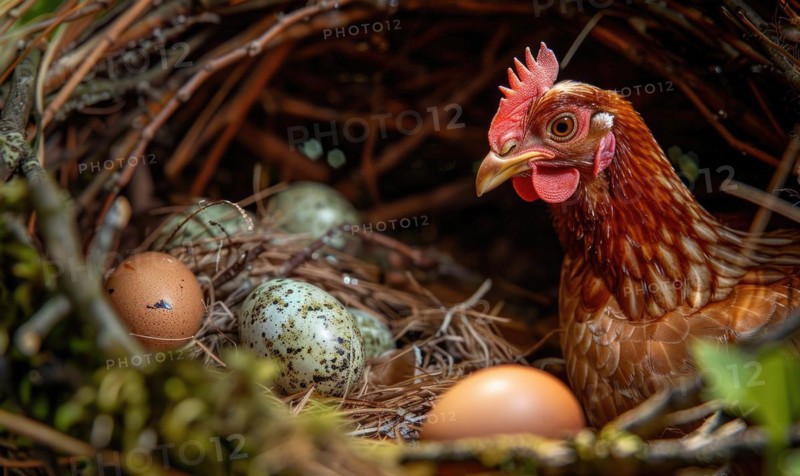 A hen guarding her freshly laid eggs in a nest AI generated