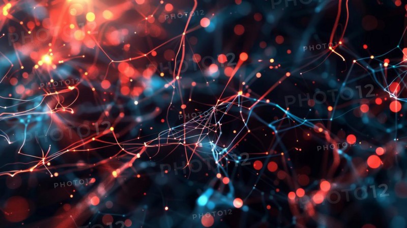 Abstract digital network of nodes and connections with a futuristic look in red and blue tones, ai generated, AI generated