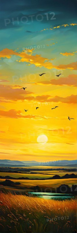 AI generated abstract painting of grasslands under a blazing sunset waves of greens