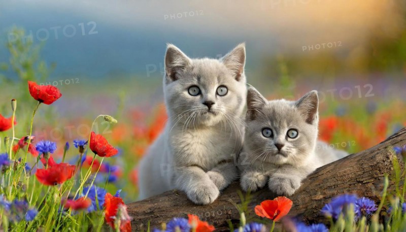 KI generated, animal, animals, mammal, mammals, cat, felidae (Felis catus), two kittens resting on a tree trunk, flower meadow, spring, summer