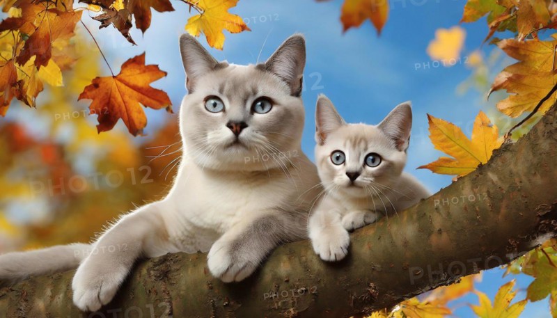 AI generated, animal, animals, mammal, mammals, cat, felidae (Felis catus), a cat and a kitten resting on a tree, autumn, seasons