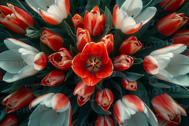 Top view of vibrant red and white tulips creating a mesmerizing pattern, AI generated