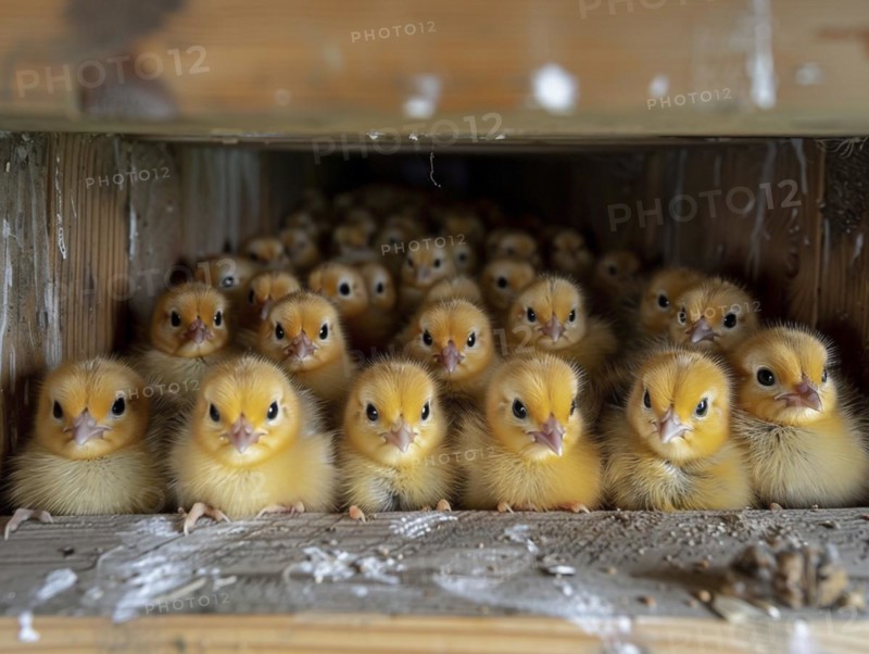 Small chicks huddled together inside a brooding box looking curiously, AI generiert, AI generated