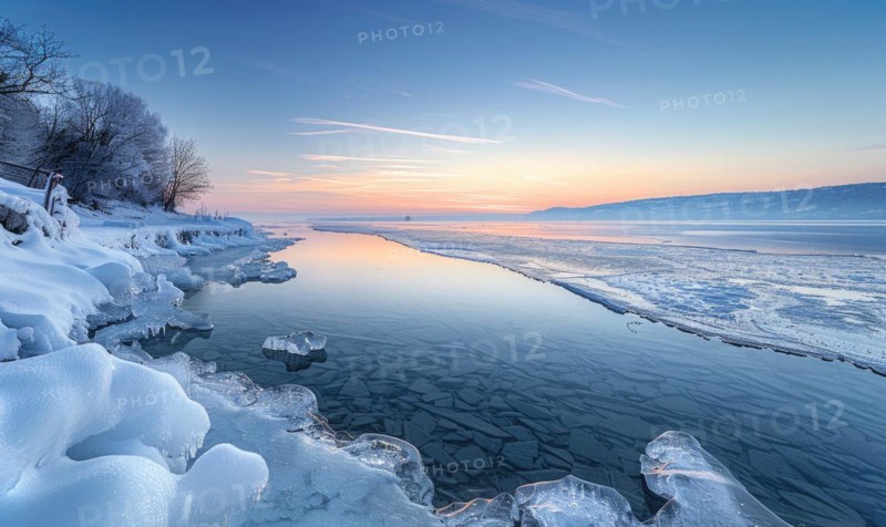 The lake frozen over in the depths of winter AI generated