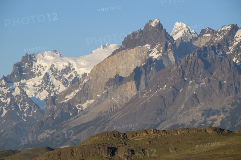 Andes mountain range, morning light, Torres del Paine National Park, Parque Nacional Torres del Paine, Cordillera del Paine, blue sky towers, Region de Magallanes y de la Antartica Chilena, Ultima Esperanza province, UNESCO biosphere reserve, Patagonia, end of the world, Chile, South America