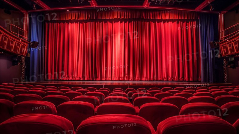 A modern, empty theater with a huge red curtain and neatly arranged rows of seats. Generative AI, AI generated