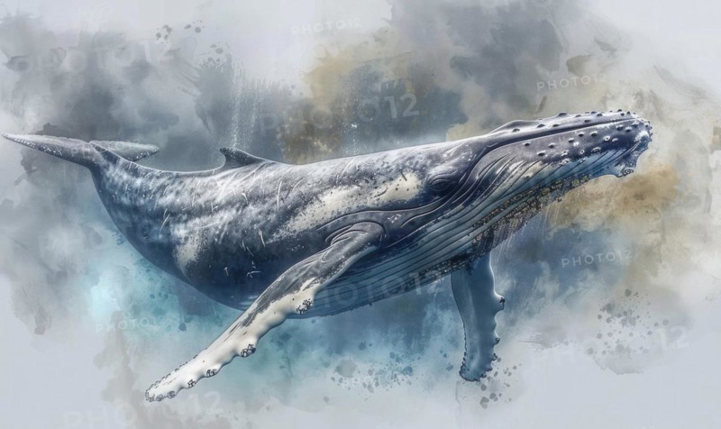 Watercolor illustration of a humpback whale in the ocean AI generated