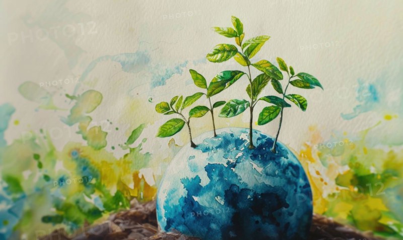 Vibrant watercolor painting of Earth with tree saplings growing on top AI generated