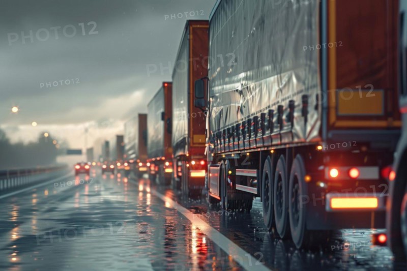 Traffic jam, congested motorway with many lorries and cars in rainy weather, poor weather conditions, limited visibility, AI generated, AI generated, AI generated