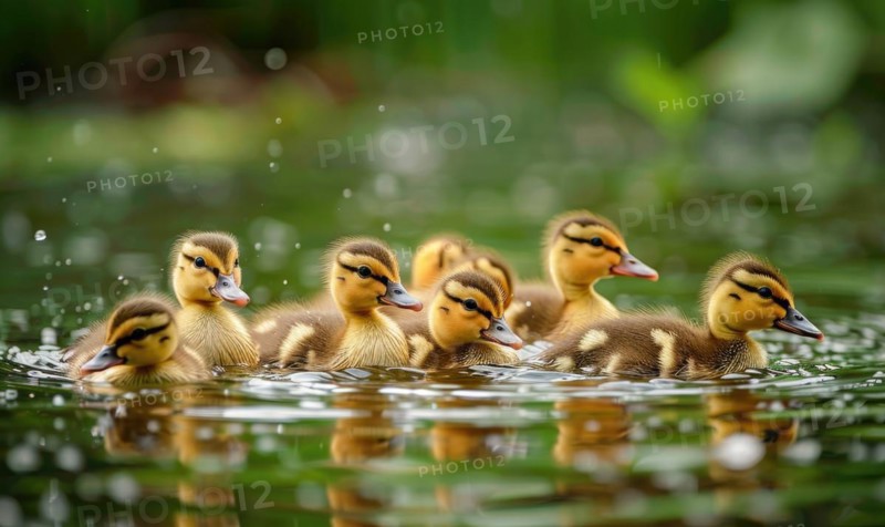 Ducklings swimming in a pond, close up view AI generated