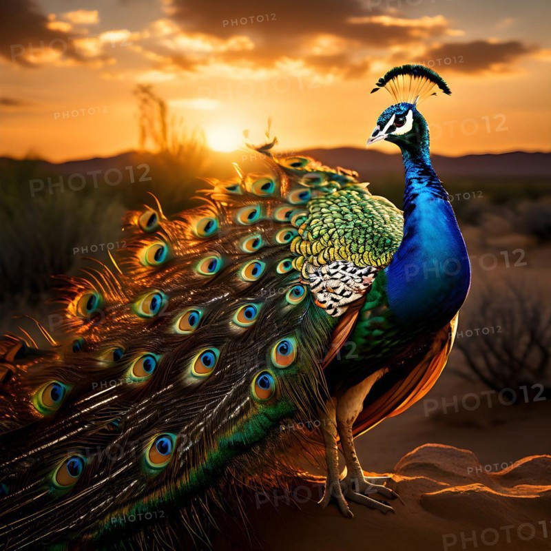Peacock with the full display of magnificent plumage usp in each feather in the Thar desert, AI generated
