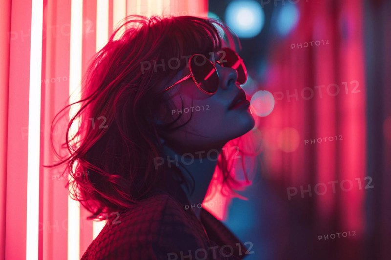 A woman with heart-shaped sunglasses stands under neon lights, exuding a cool, mysterious city vibe, AI generated