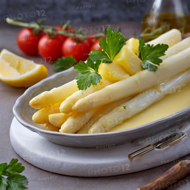 Fresh white asparagus served on a plate garnished with melted butter and parsley, hollandaise sauce, green asparagus, asparagus spears, AI generated