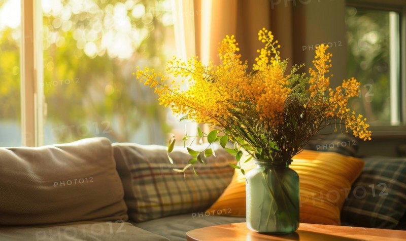 A cozy living room corner adorned with a vase of Mimosa flowers AI generated