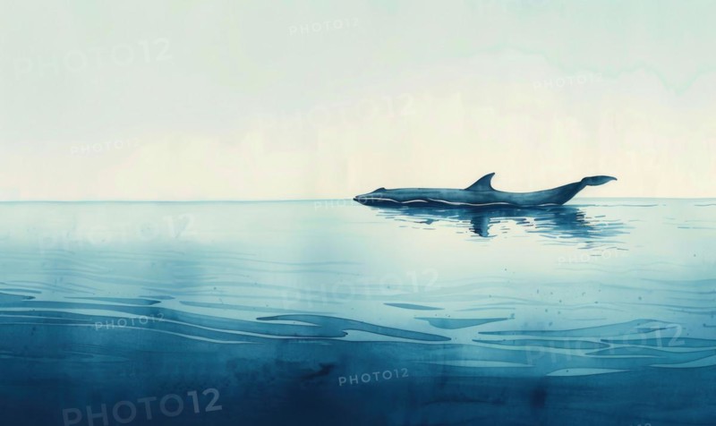 A serene watercolor painting featuring a solitary whale gracefully gliding through calm ocean waters AI generated