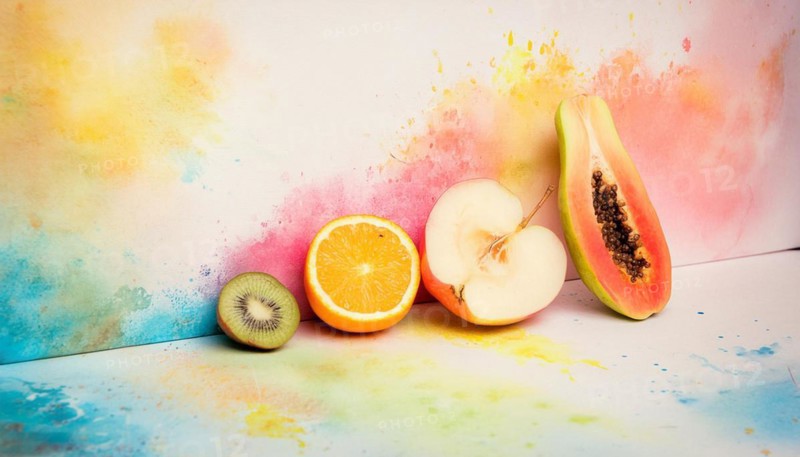 Fruit arrangement against a colorful paint-splattered background, blending art and food, horizontal, AI generated