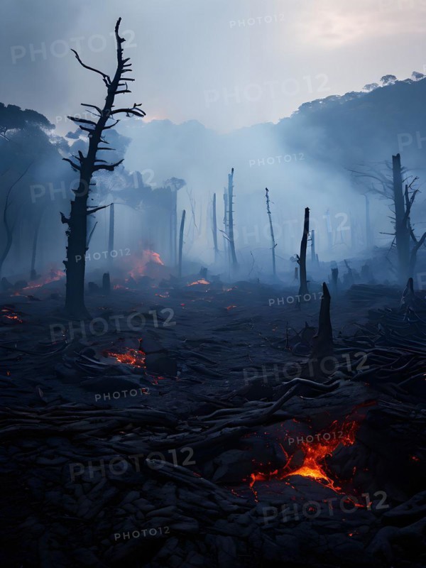 Charred tree skeletons in a smoke filled landscape remnants of a forest fire ignited by lava flow, AI generated