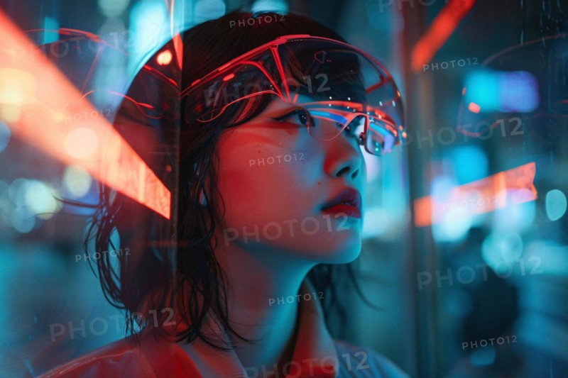 Woman with wet hair and futuristic glasses illuminated by red and blue neon lights, AI generated