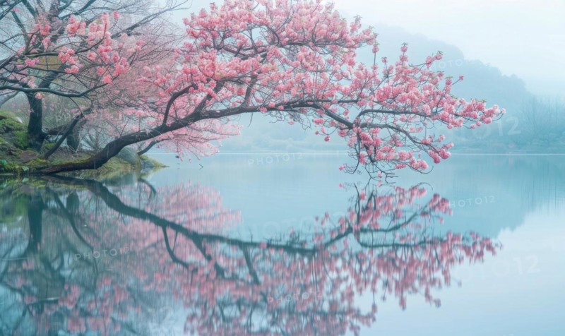 Springtime cherry blossoms in full bloom, cherry blossoms reflected on the calm surface of the lake AI generated