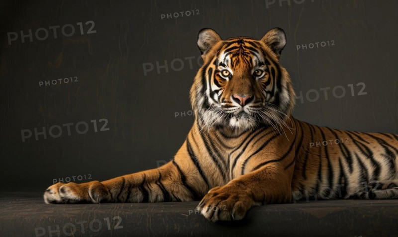 A Bengal tiger elegantly posing in front of a neutral backdrop AI generated