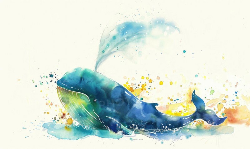 A watercolor illustration of a playful whale spraying water from its blowhole AI generated