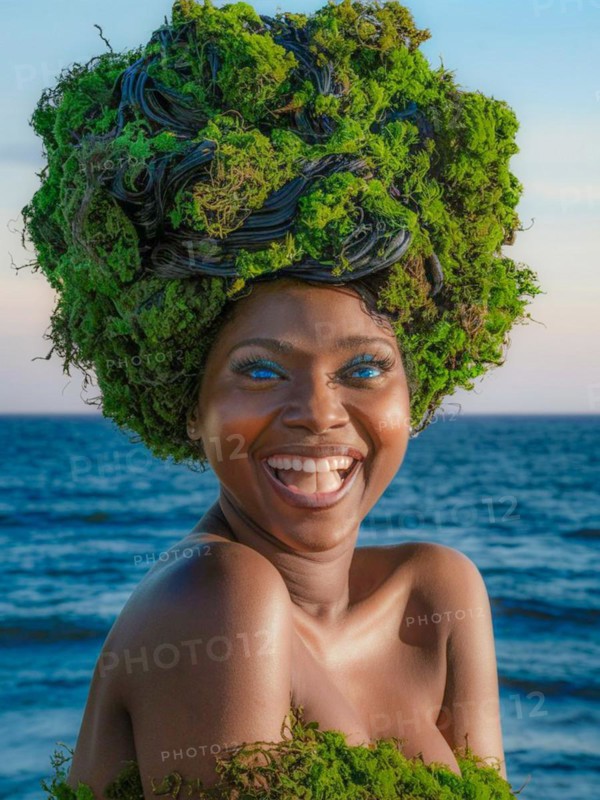 Woman with bright smile wearing a lush greenery headdress against an ocean background, moss growing and thriving, creating a mystical and enchanting effect, earth day concept, AI generated